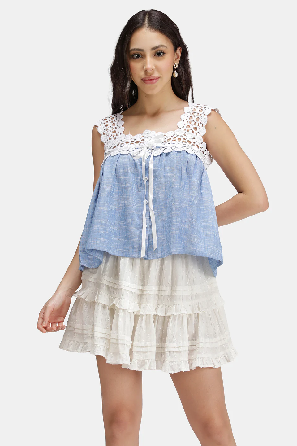Blue-Chip Crochet-Yoke Chambray Peplum Top
