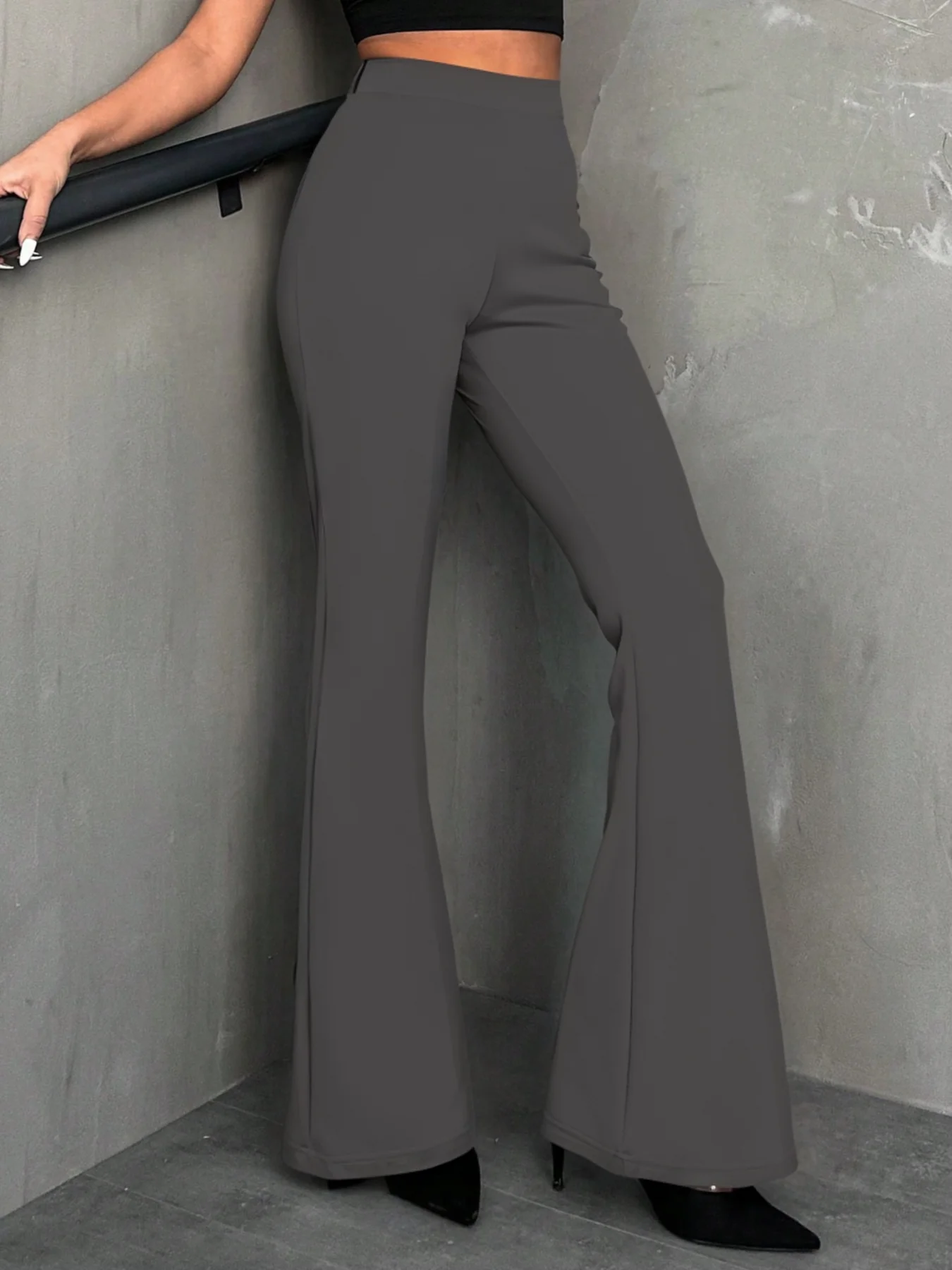 Charcoal Flare High-Waisted Trousers – Elegance in Motion - Image 3