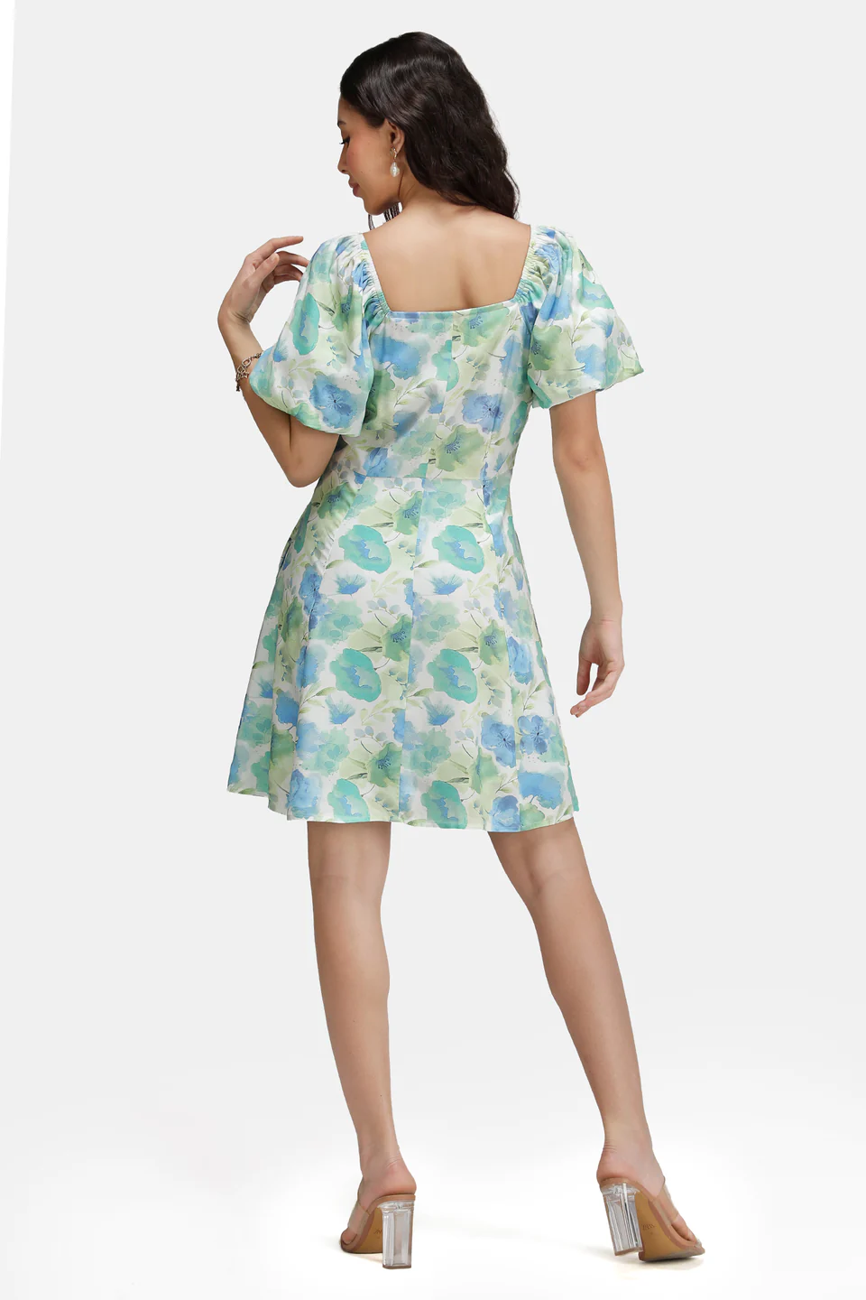 Liquid Bloom Puff-Sleeve Fit & Flare Mini Dress - Image 2