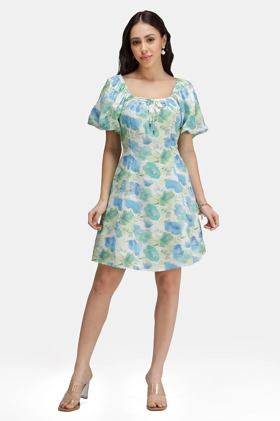 Liquid Bloom Puff-Sleeve Fit & Flare Mini Dress - Image 3