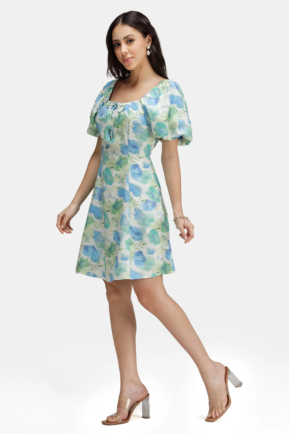 Liquid Bloom Puff-Sleeve Fit & Flare Mini Dress - Image 4