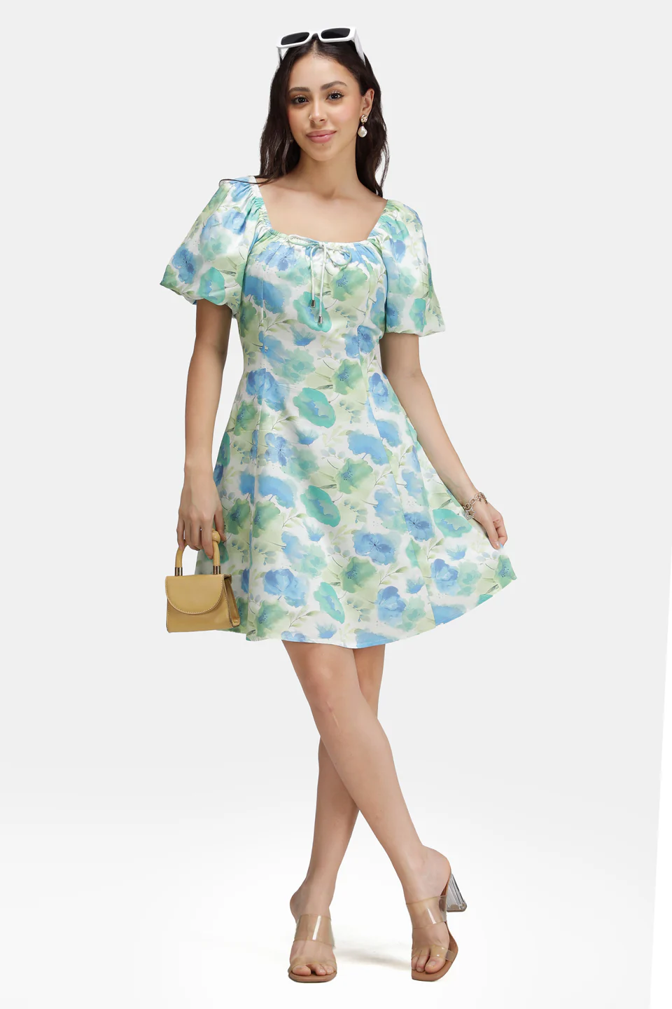 Liquid Bloom Puff-Sleeve Fit & Flare Mini Dress