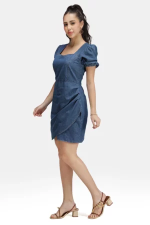 Blue-Chip Tulip Wrap Denim Mini Dress