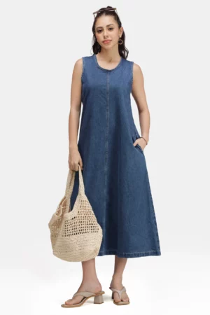 Blue-Chip Ease Pocketed Denim Midi Dress – Deep Indigo