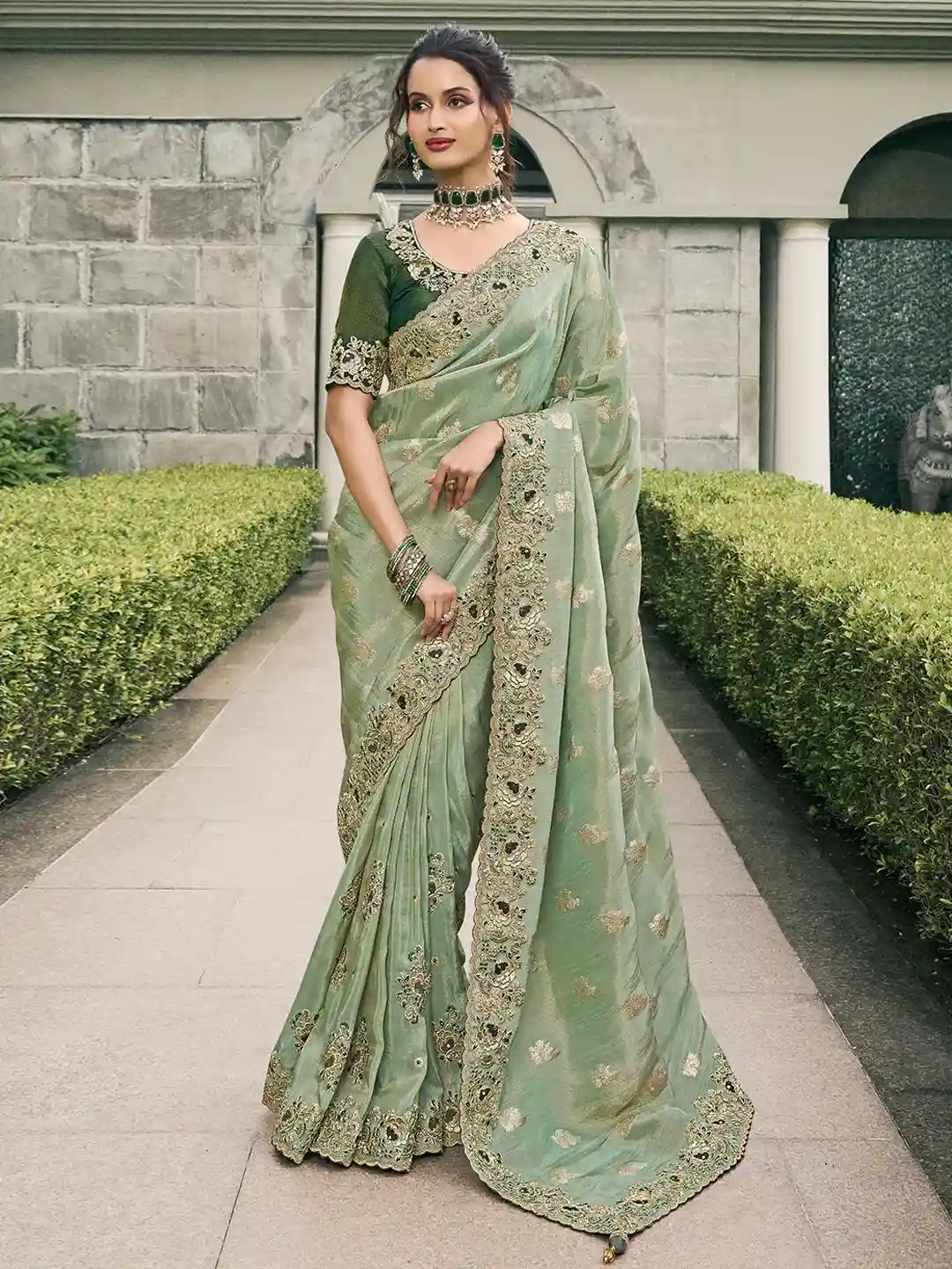 Light Green & Gold Zari Embroidered Silk Saree