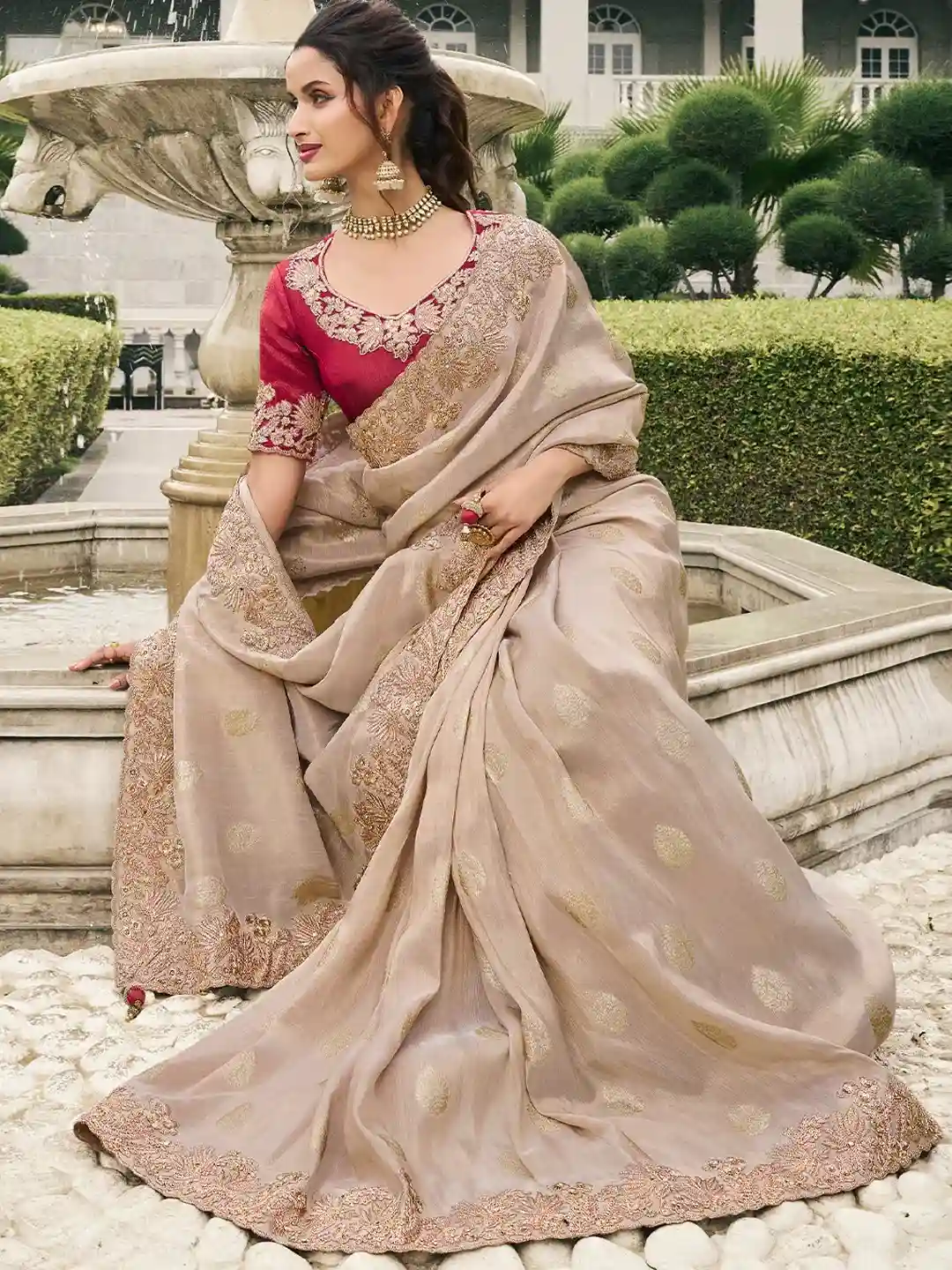 Beige & Red Zari Embroidered Silk Saree - Image 5