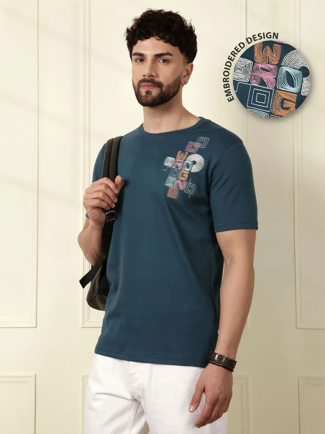Men’s Blue T-Shirt with Multi-Colored “WRONG” Embroidery