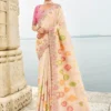 Cream & Pink Floral Zari Embroidered Silk Saree