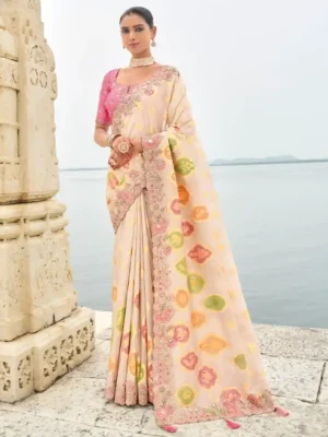 Cream & Pink Floral Zari Embroidered Silk Saree