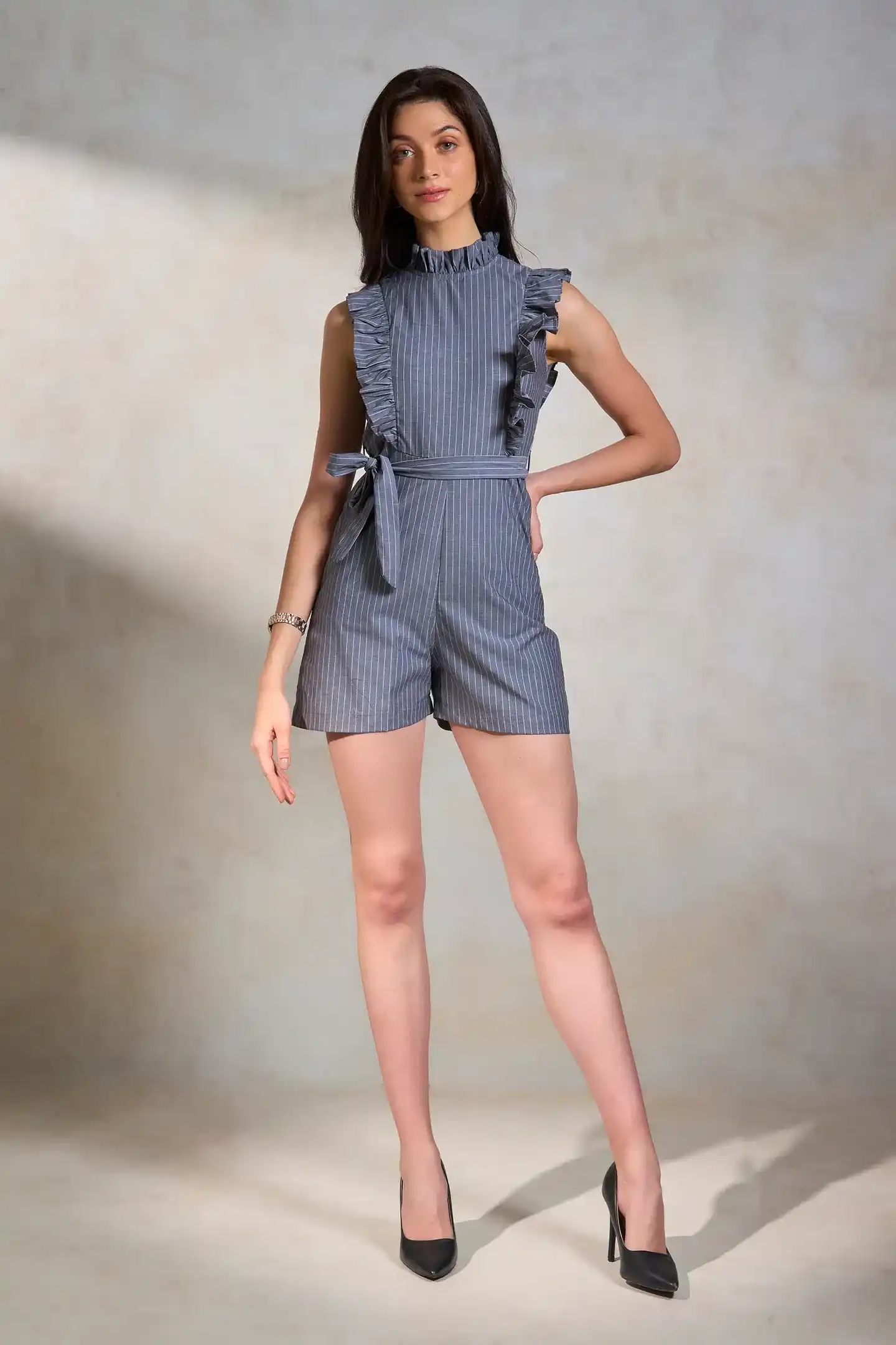 Executive Pinstripe Ruffle Romper – Wall Street Chic Edition - Image 4