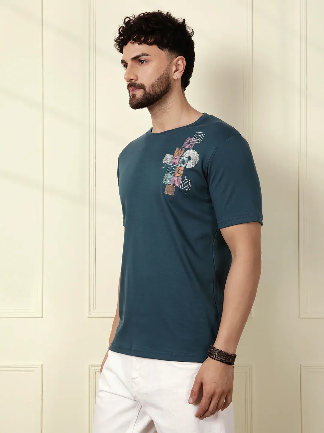 Men’s Blue T-Shirt with Multi-Colored “WRONG” Embroidery - Image 4