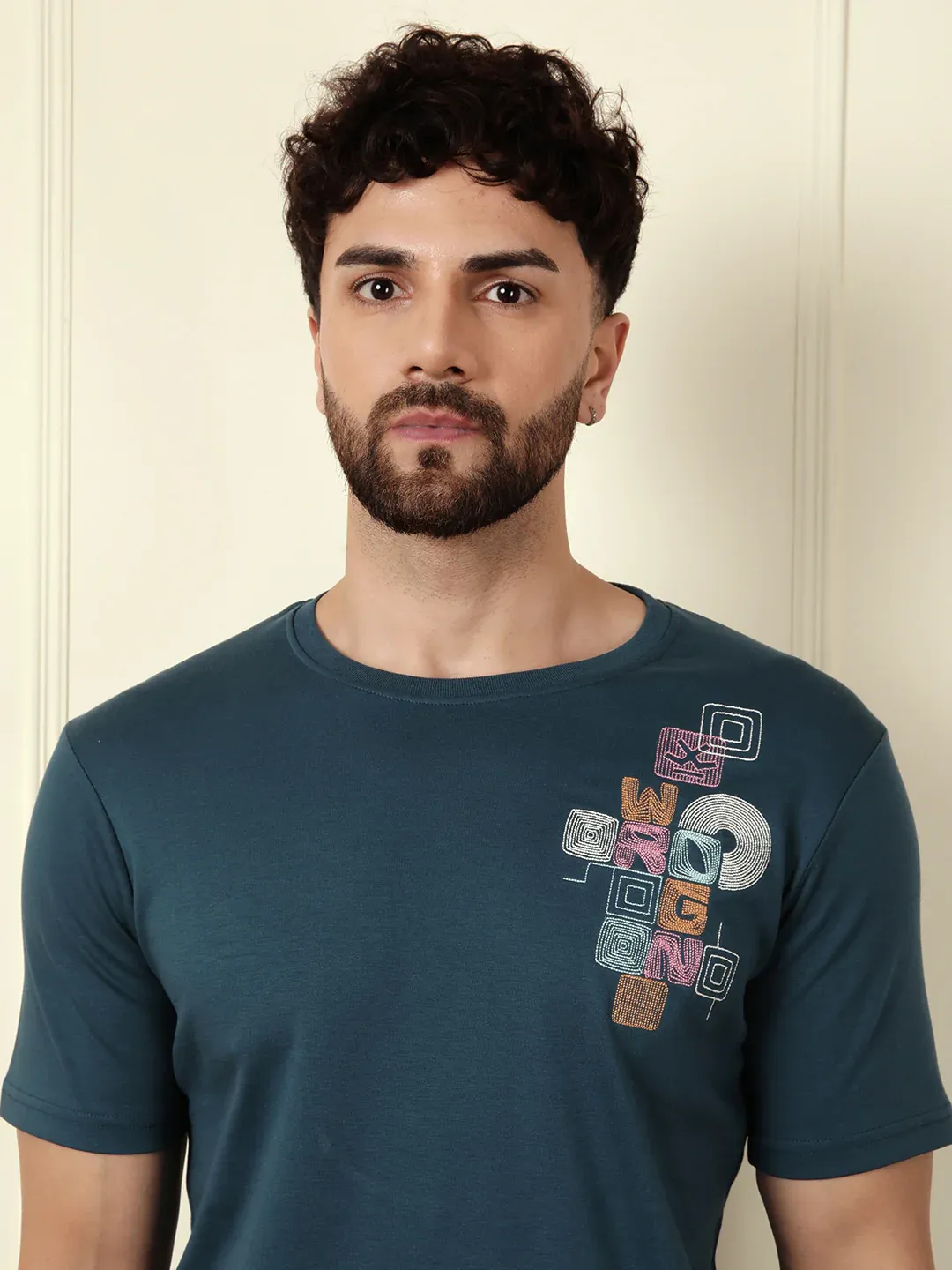 Men’s Blue T-Shirt with Multi-Colored “WRONG” Embroidery - Image 5