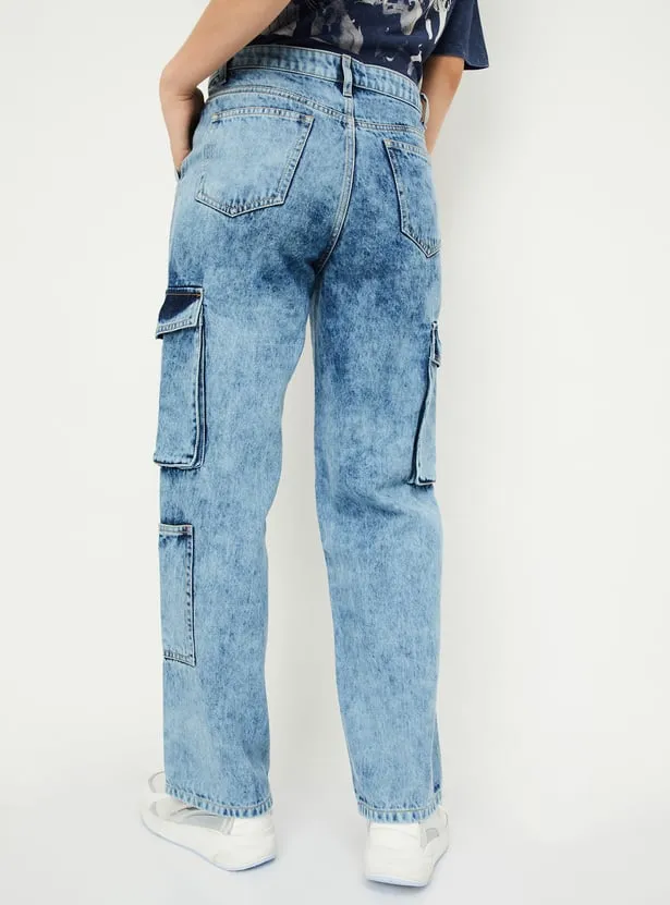 Mid-Blue Acid Wash Cargo Jeans – Utility Streetwear for Trend-Driven Style - Image 2