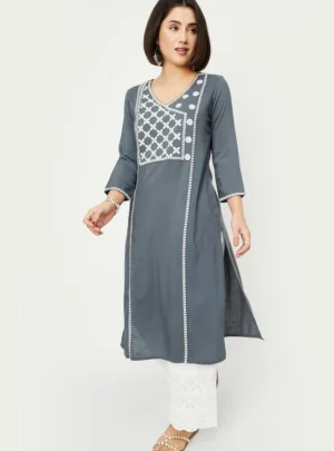 Slate Grey Embroidered Panel Kurta – Minimalism with a Touch of Heritage