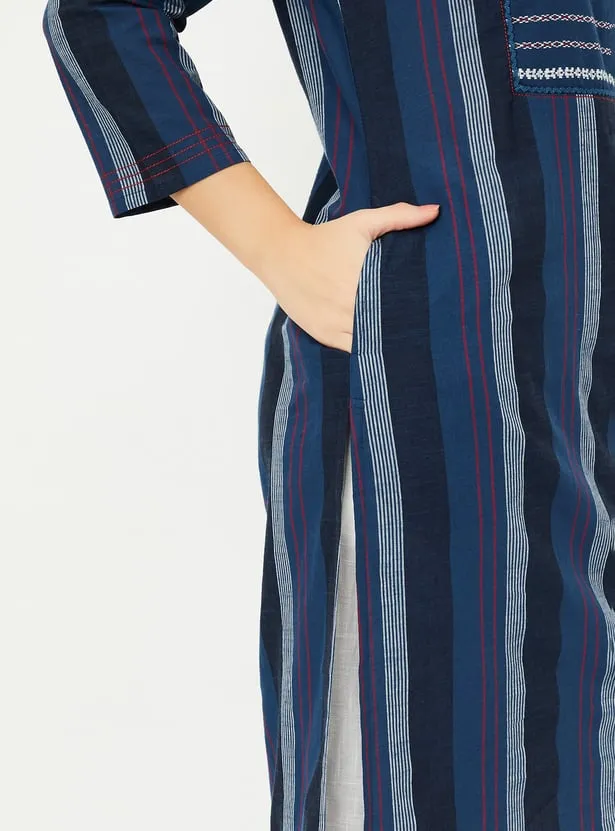 Navy Handloom-Inspired Striped Kurta – Effortless Tradition with a Modern Edge - Image 2