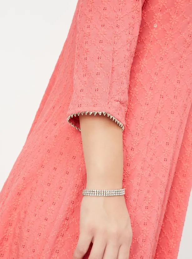 Coral Pink Textured A-Line Kurta – A Fresh Burst of Elegance - Image 5