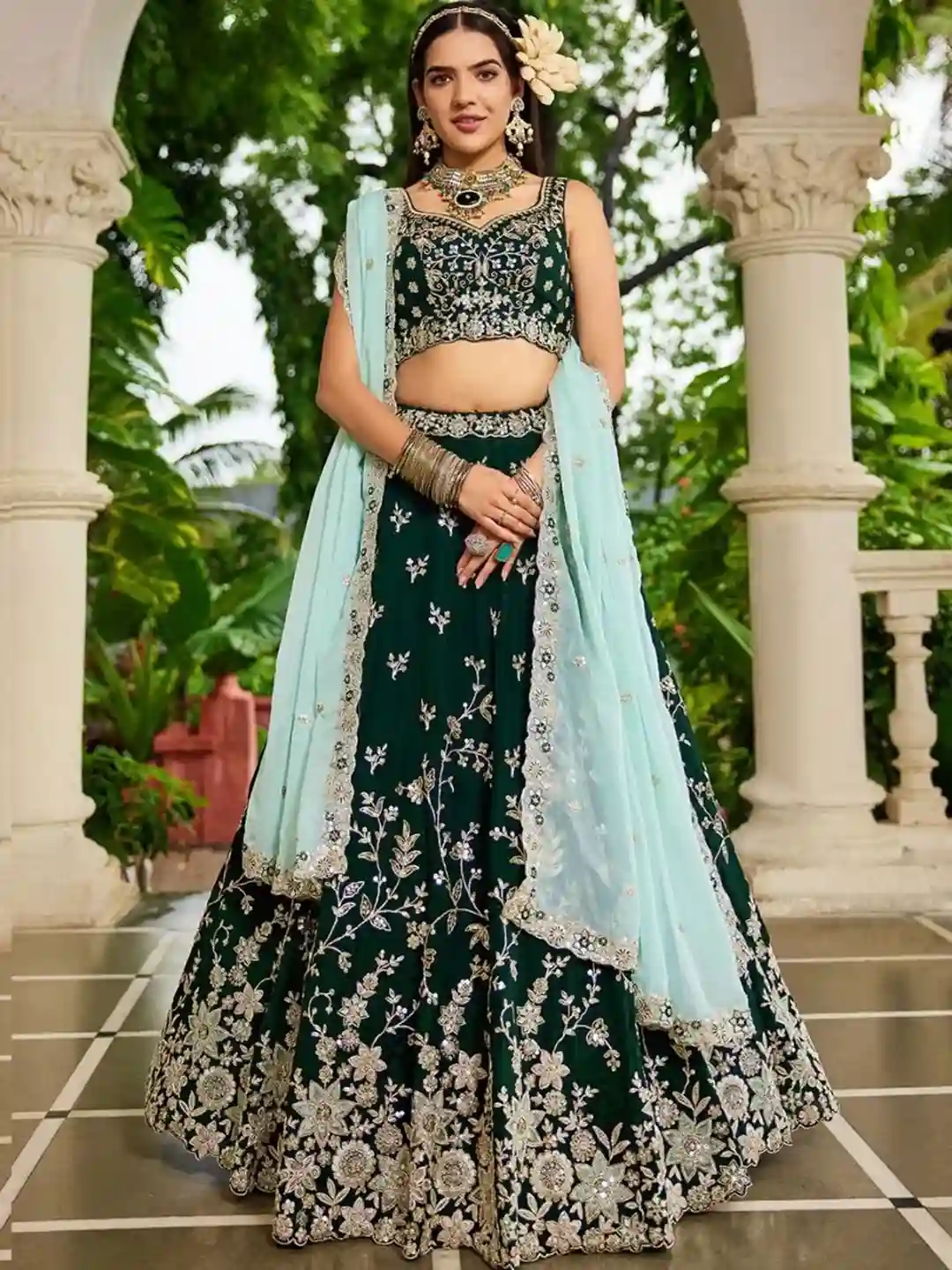 Emerald Green Organza Embroidered Lehenga Choli with Sky Blue Dupatta