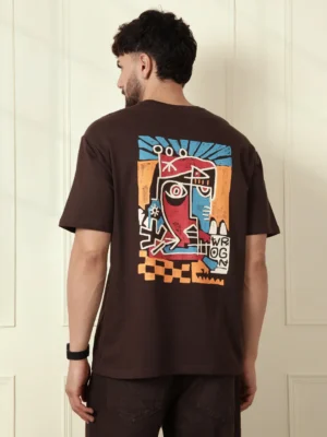 Men’s Brown Oversized T-Shirt with Abstract Back Print