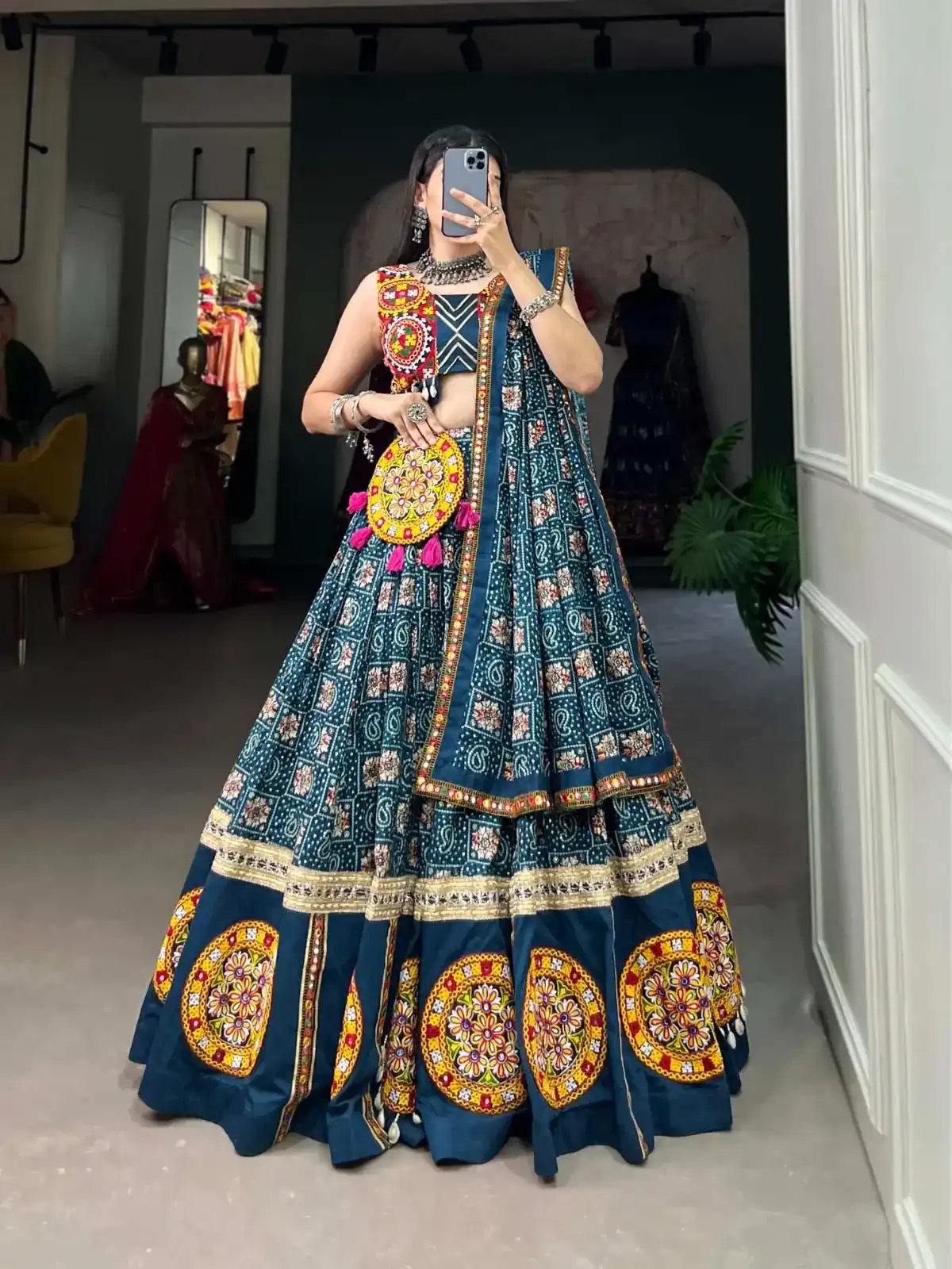 Traditional Navy Blue Bandhani Chaniya Choli with Mirror Work Embellishments