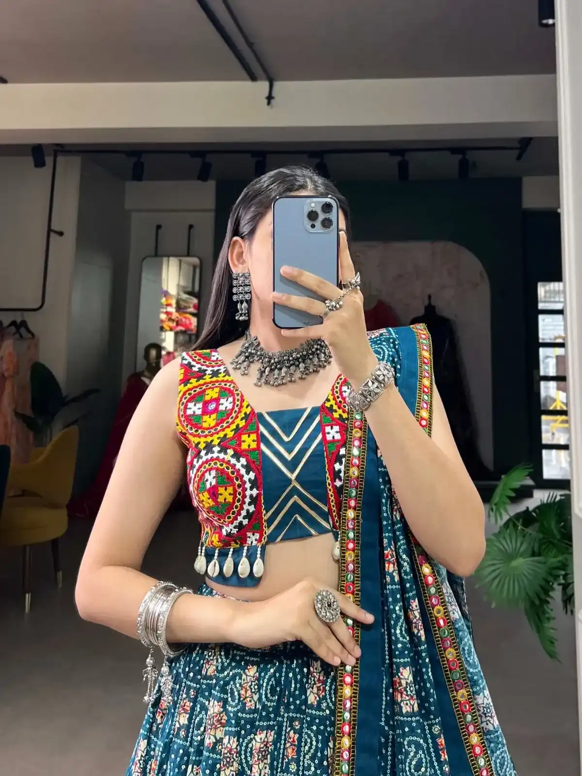 Traditional Navy Blue Bandhani Chaniya Choli with Mirror Work Embellishments - Image 4