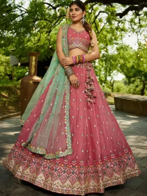 Pink Embroidered with Mint Green Dupatta – Traditional Royalty Redefined