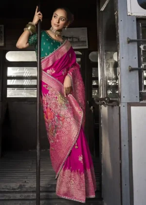 Pink & Green Floral Zari Embroidered Silk Saree
