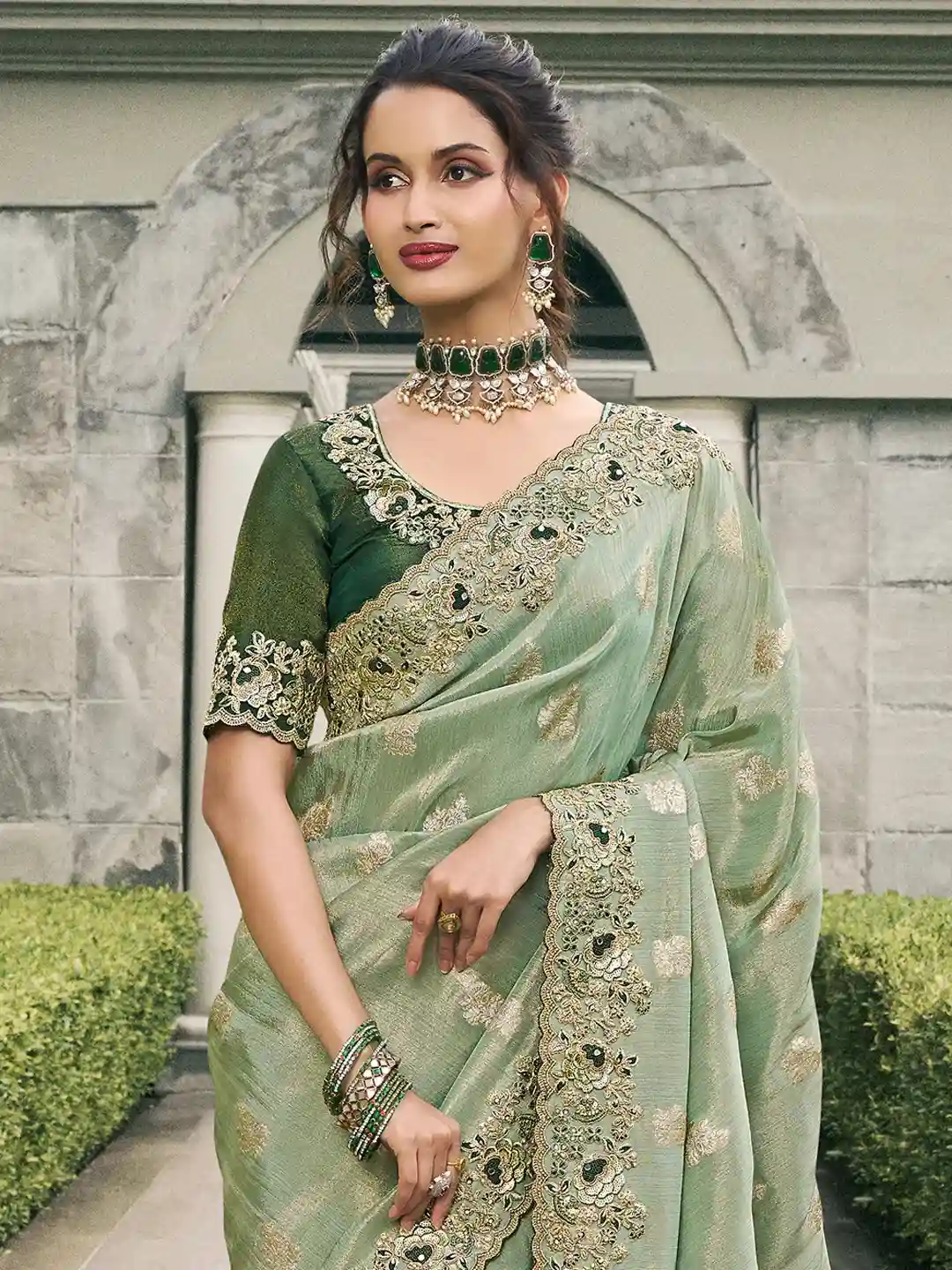 Light Green & Gold Zari Embroidered Silk Saree - Image 2