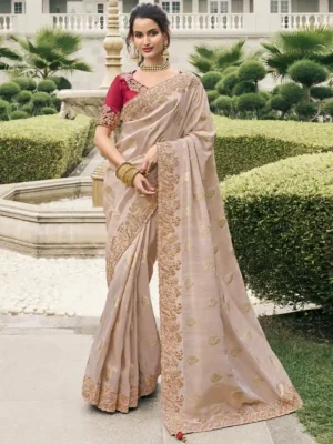 Beige & Red Zari Embroidered Silk Saree