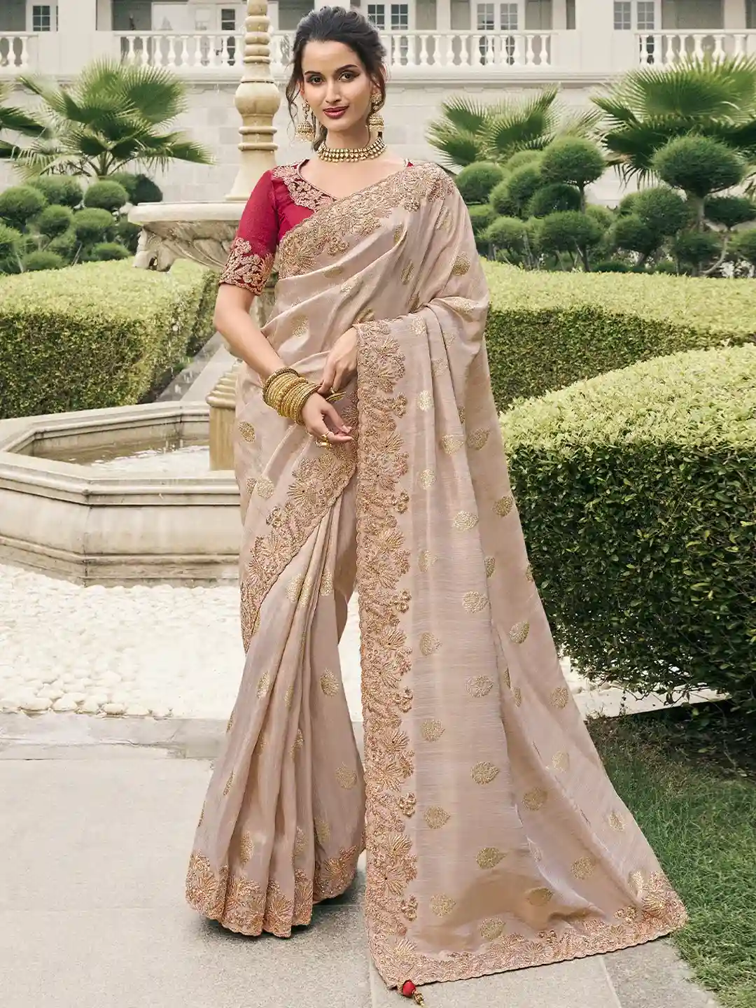 Beige & Red Zari Embroidered Silk Saree