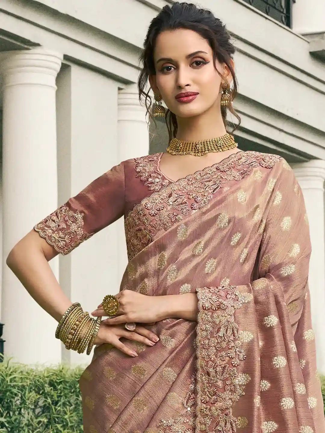 Elegant Deep Red Silk Saree with Golden Embellishments - Image 2