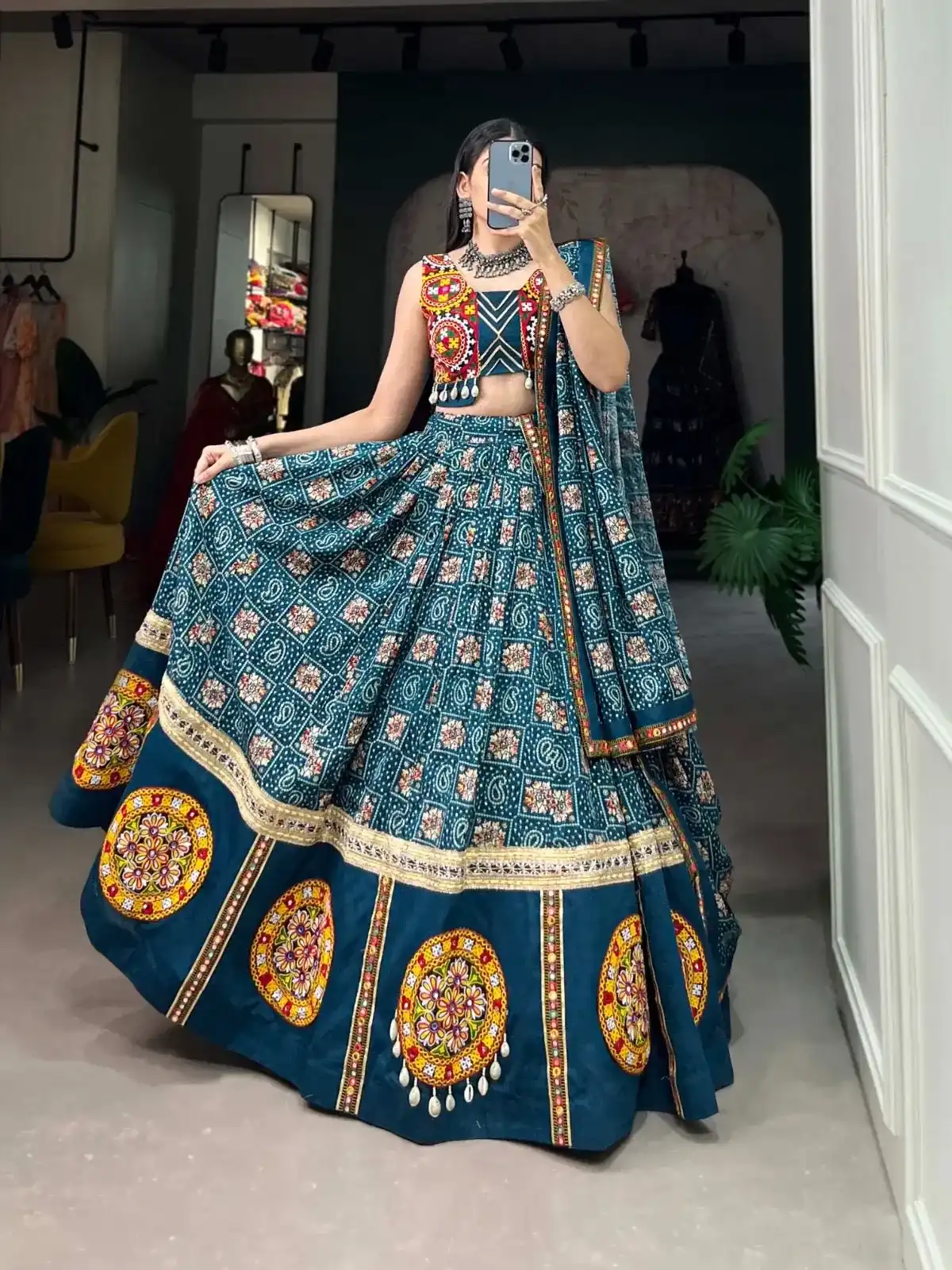 Traditional Navy Blue Bandhani Chaniya Choli with Mirror Work Embellishments - Image 2