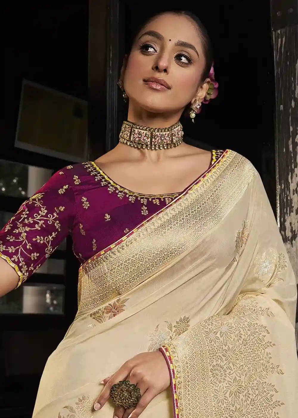 Cream & Maroon Zari Embroidered Silk Saree - Image 2