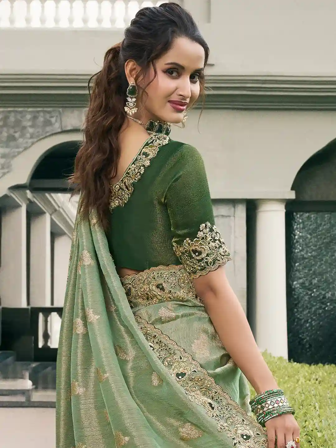 Light Green & Gold Zari Embroidered Silk Saree - Image 3