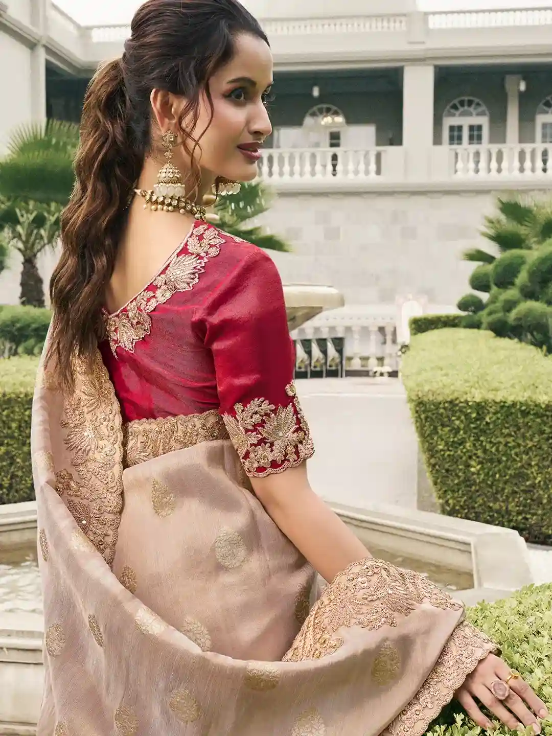 Beige & Red Zari Embroidered Silk Saree - Image 2