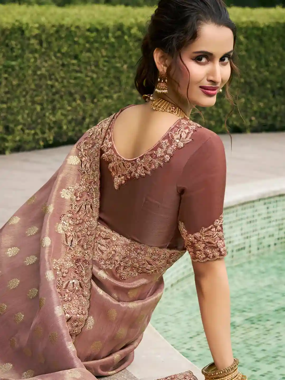 Elegant Deep Red Silk Saree with Golden Embellishments - Image 3