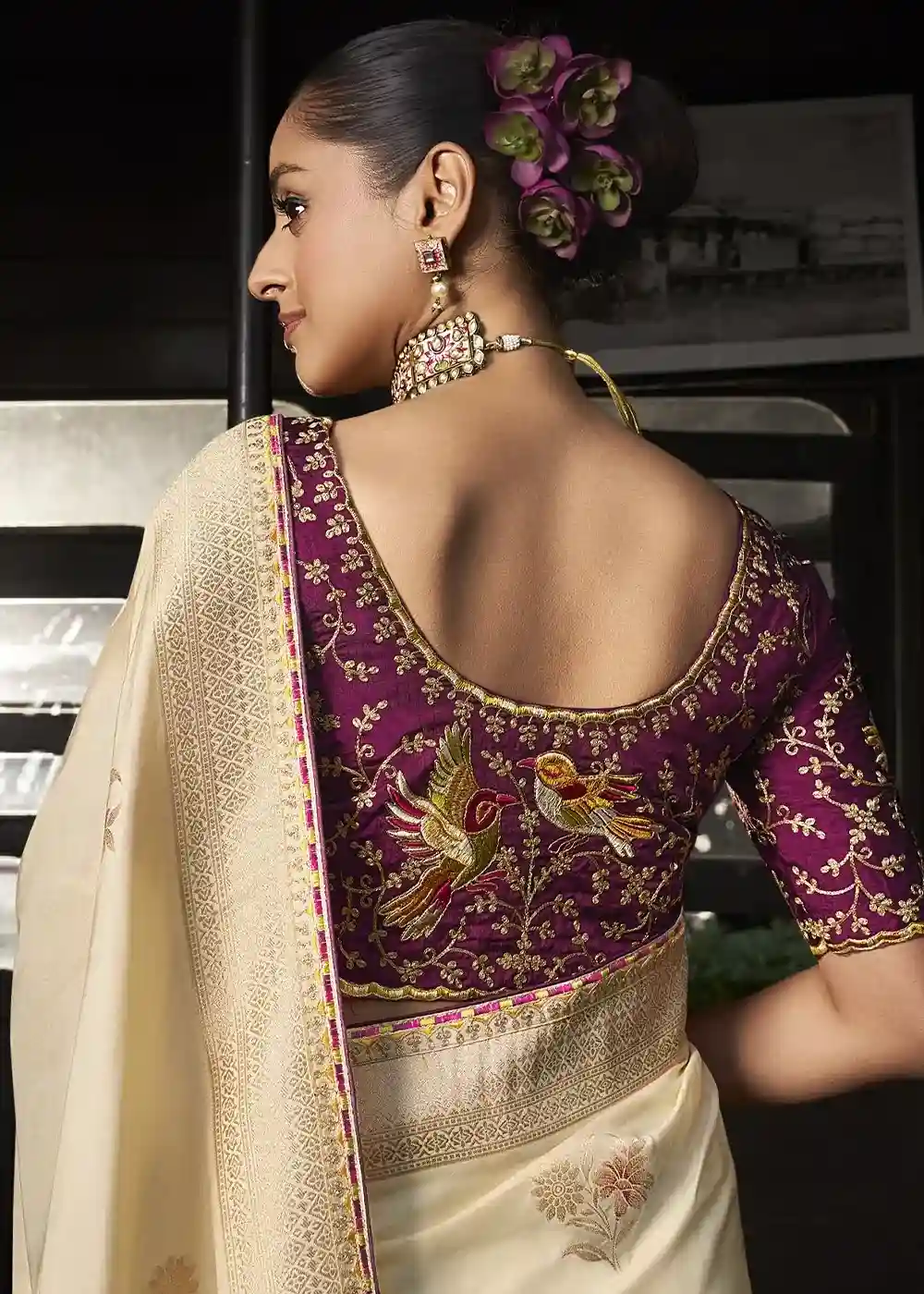 Cream & Maroon Zari Embroidered Silk Saree - Image 3