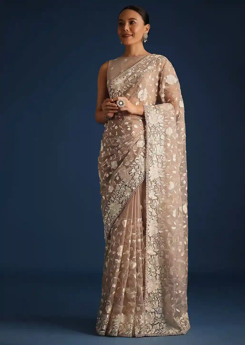 Heritage Yield Beige & Cream Floral Embroidered Saree - Image 4