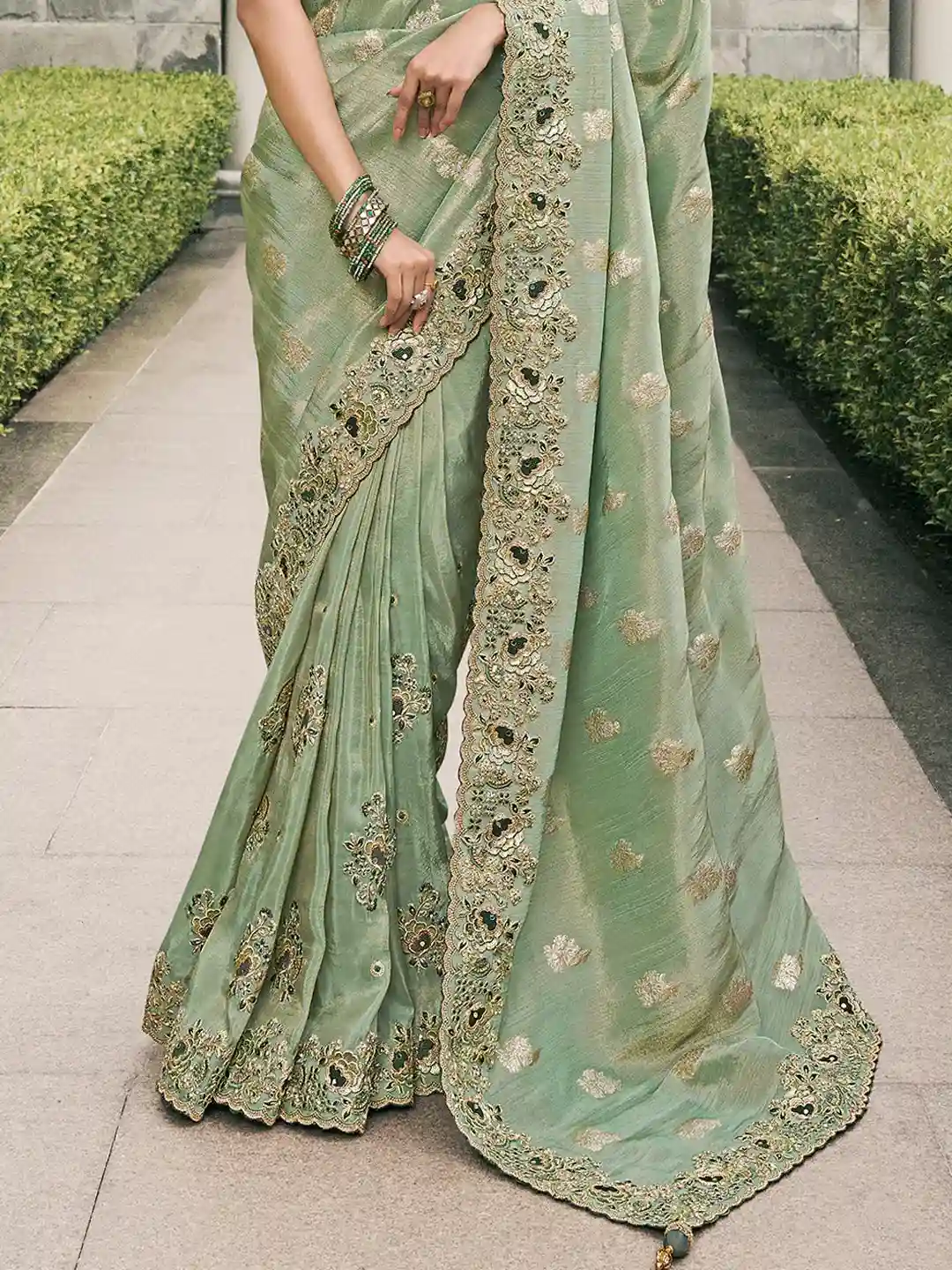 Light Green & Gold Zari Embroidered Silk Saree - Image 4