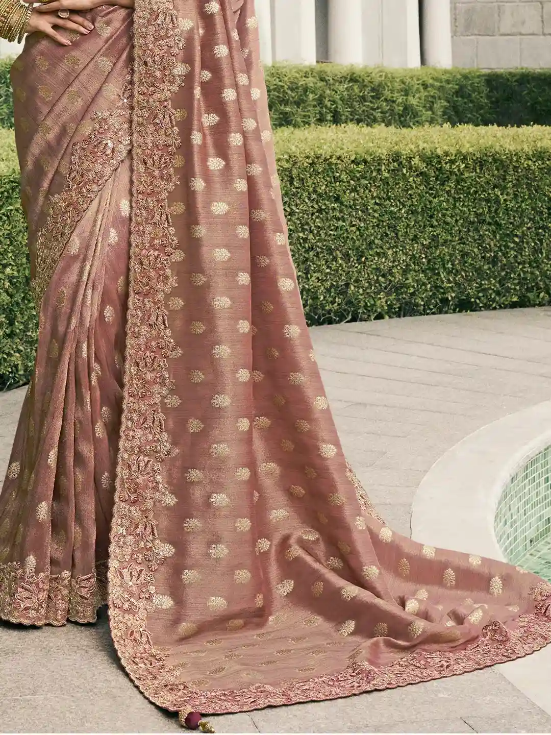 Elegant Deep Red Silk Saree with Golden Embellishments - Image 4