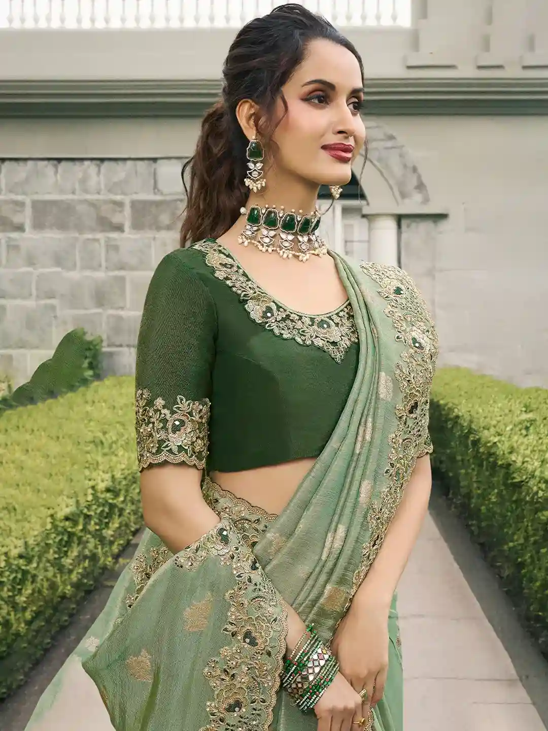 Light Green & Gold Zari Embroidered Silk Saree - Image 5