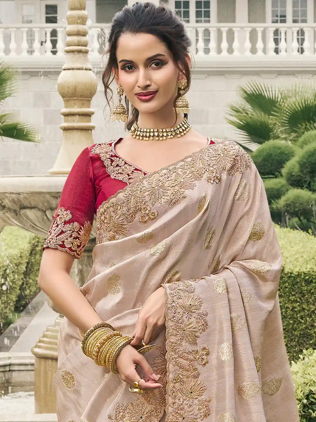 Beige & Red Zari Embroidered Silk Saree - Image 4