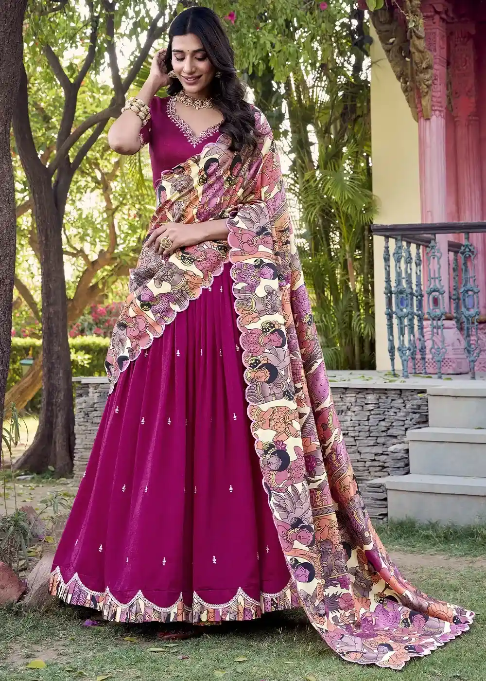 Elegant Magenta Chaniya Choli with Artistic Kalamkari Dupatta