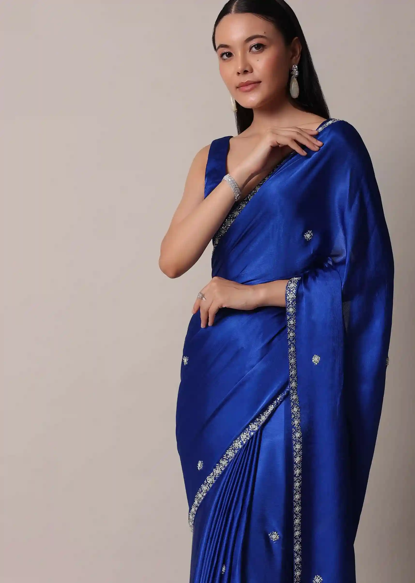 Royal Sapphire Satin Saree with Stone Embellished Border – Luxury Trade Trend Edition - Image 2