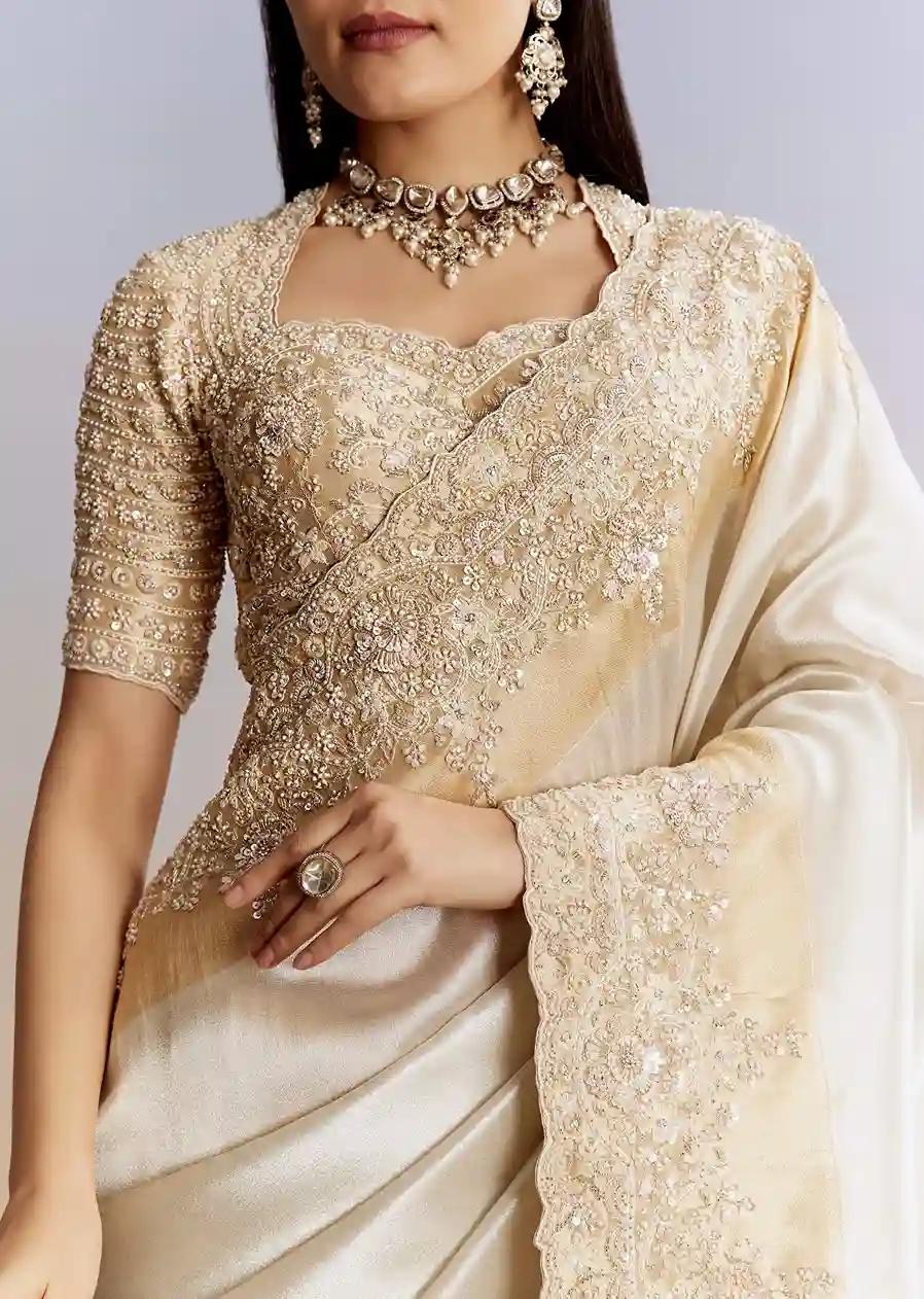 Ivory Dividend White & Gold Embroidered Saree - Image 2