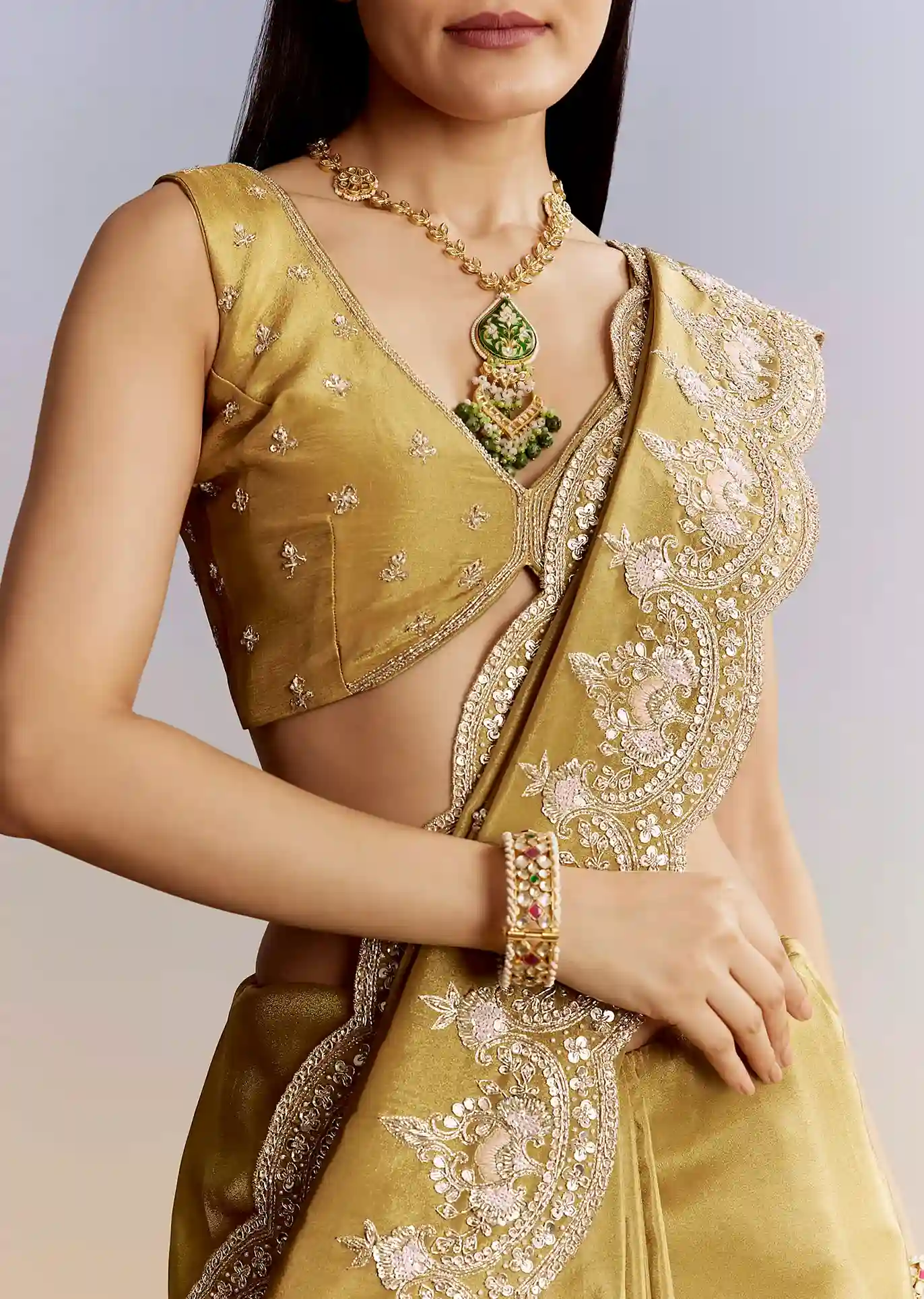 Golden Yield Crush Tissue Saree with Gota Zari & Bead Embroidery – Couture Meets Capital - Image 3