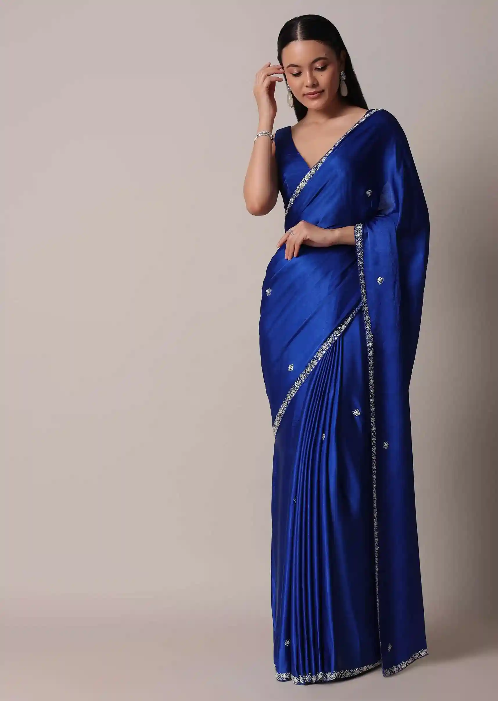 Royal Sapphire Satin Saree with Stone Embellished Border – Luxury Trade Trend Edition - Image 4