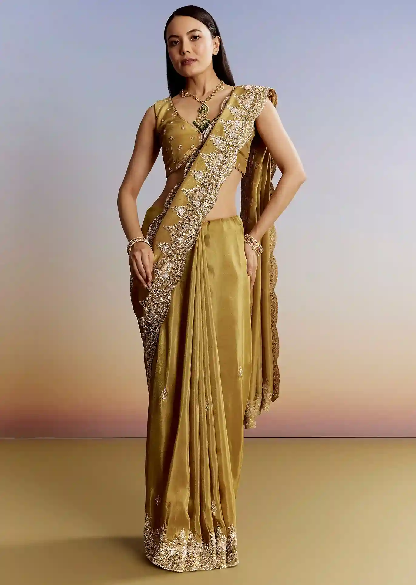Golden Yield Crush Tissue Saree with Gota Zari & Bead Embroidery – Couture Meets Capital - Image 5
