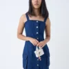 Dark Blue Denim Button-Down Mini Dress with Utility Pockets
