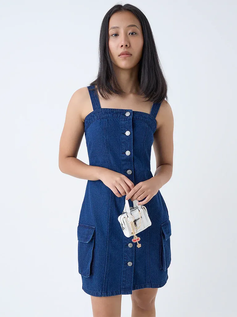 Dark Blue Denim Button-Down Mini Dress with Utility Pockets