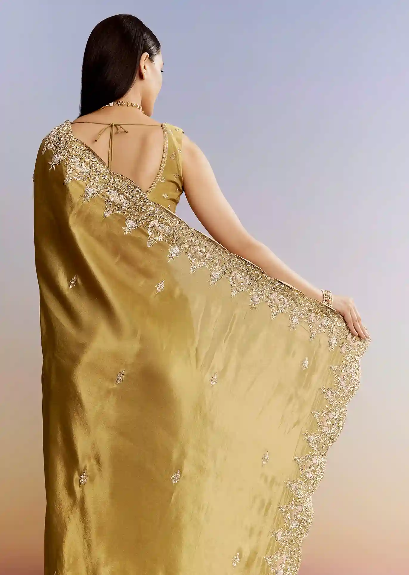 Golden Yield Crush Tissue Saree with Gota Zari & Bead Embroidery – Couture Meets Capital - Image 2